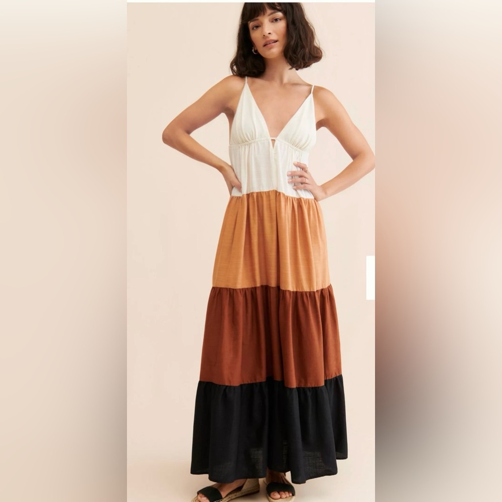 Anthropologie Tiered Maxi Dress in Cream, Tan, Brown, Black - Picture 3 of 8